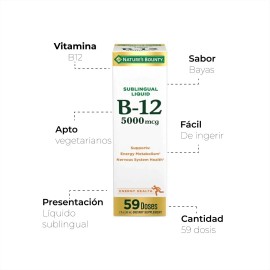 Natures Bounty Vitamin B12 5000 mcg Lquido Sublingual, Salud Cardiovascular y Apoyo Energtico Celular, 2 onzas lquidas (1 unidad)                     