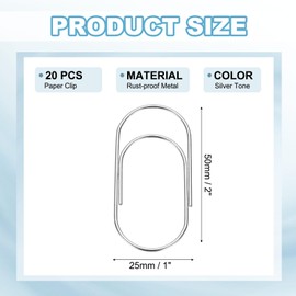 PATIKIL 2x1 Inch Large Paper Clip, 20 Pcs Metal Paper Clip Wide Rust-Proof Strong Durable Bulk for Office Supplies Document Organization Binder Bookmarks Planner, Silver Tone
