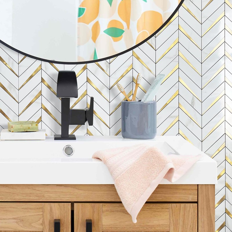 DICOFUN Polished White Marble PVC Mixed Metal Gold Herringbone Tile