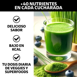 Super Greens, Jugo Verde, Matcha, Espirulina, Té Verde, Espinaca, Clorofila, Moringa, Melena de León, Enzimas Digestivas, Probióticos | Super Blend Sabor Frutos Rojos | Bloom 30 porciones