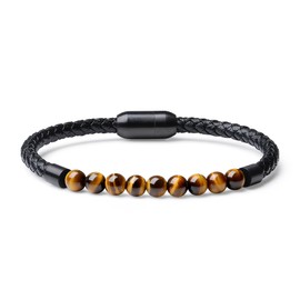 COAI Men's Genuine Leather Bracelet with Natural Stone Beads, Stone, Tiger's Eye