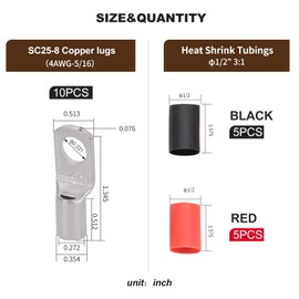 DTLDZSC Thick Copper Electric Wire Lugs,10Pcs Tinned Copper Gauge 4Awg-5/16(M8) Ring Heavy Duty Battery Cable Lugs Ends Ring Terminals Connectors with 10Pcs 3:1 Heat Shrink Tubing Assortment Kit