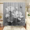 Lotus Shower Curtain Elegant Black White Grey Flowers Leaves Traditional