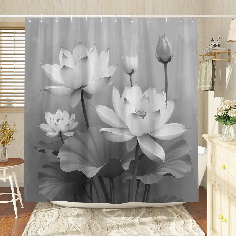 Lotus Shower Curtain Elegant Black White Grey Flowers Leaves Traditional
