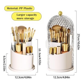 JIANGLAI Makeup Brush Holder with Lid, 360 Rotating Multifunction Clear Dustproof Skincare Cosmetic Tools Storage Organizer for Vanity Desktop Bathroom Countertop (White)