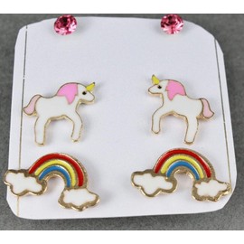 Unicorn rainbow 3 pair earrings crystal bead stud post set pack pink