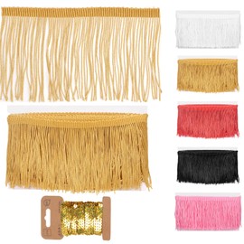Glarks 4pcs 5 Yards x 100mm Sewing Fringe Trim Set, Golden Tassels Trim with 5 Yards Sequin Strip and fixing tools, Chainette Fringe Trim, Versatile Fringes for DIY Craft Clothing and Dress Decoration