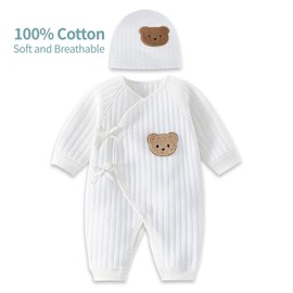 Babyfond 1 Pack Baby Bodysuit, Newborn Baby Warm Cotton Bodysuit with Hat, 100% Cotton Toddler Homewear Thickened Spring and Autumn Clothing, White