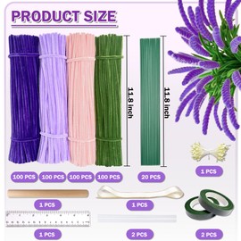 400Pcs Pipe Cleaners Craft for Flowers – Pipe Cleaners Bulk with 5 Assorted Colors Chenille Stems for DIY Flower Making Kit, Includes Floral Wires, Tape, Stamen and Ribbon(Purple)