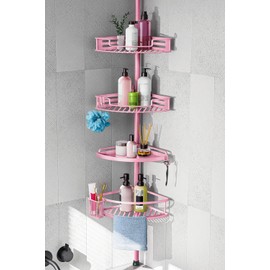 HAMITOR Corner Shower Caddy Tension Pole: Quick Installation 4-Tier Rustproof Bathroom Organizer Shelves for Bathtub Shampoo Storage - 47-121 inch Adjustable Floor Standing Bath Rack Holder - Pink
