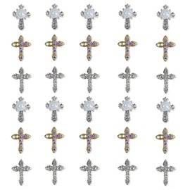 Pack of 30 3D Cross Shape Nail Art Charms Metal Nail Rhinestone Nail Art Rhinestones 3D Nail Jewellery with Pearl for Nail Decorations for Nails DIY Rhinestone Crystal Diamond Nail Art Decoration (1#)