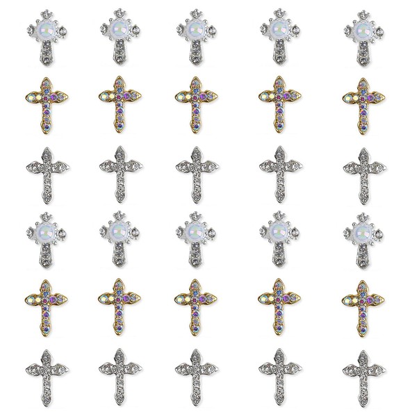 Pack of 30 3D Cross Shape Nail Art Charms Metal Nail Rhinestone Nail Art Rhinestones 3D Nail Jewellery with Pearl for Nail Decorations for Nails DIY Rhinestone Crystal Diamond Nail Art Decoration (1#)