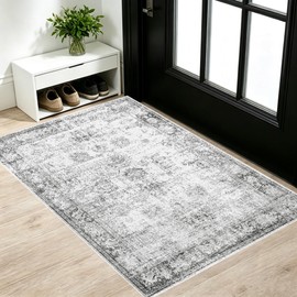 Small Area Rug 2x3 Ft Door Mat Machine Washable Kitchen Bathroom Entrance Thin Rug, Printed Faux Wool Non Slip Carpet for Inside House Front Door Sink, Retro Bohemian Style(Grayish-White)