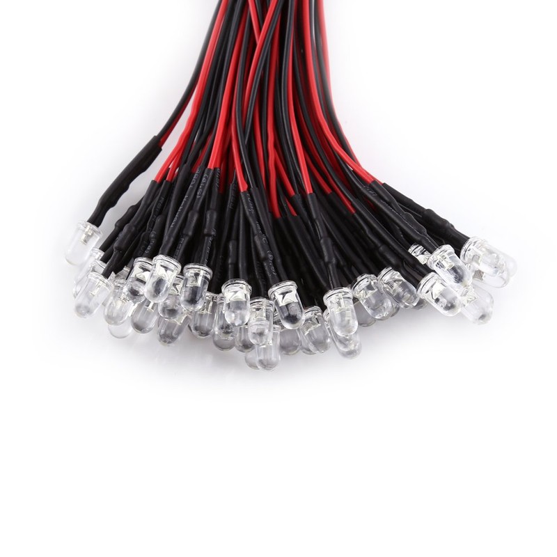 Walfront 50 Pack 5mm LED Pre-Wired Round Clear White Light