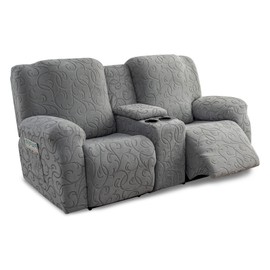YUEANG Recliner Loveseat Cover with Center Console, 2 Seater Jacquard Recliner Sofa Slipcover with Pockets Washable Stretch Reclining Couch Covers Furniture Protector with Elastic Straps (Light Gray)
