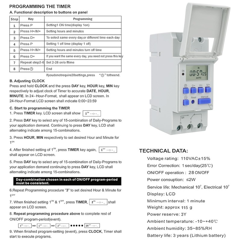 Weasch Timer Switch, THC15A, AC 220-240V 16Amp, Digital LCD Power