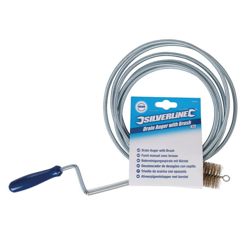 Silverline Tools 342654 Drain Auger With Brush, 3 Metres, Silver