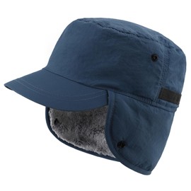 Decentron Mens Winter Hat with Brim Warm Earflaps Hat Faux Fur Baseball Cap Dark Blue