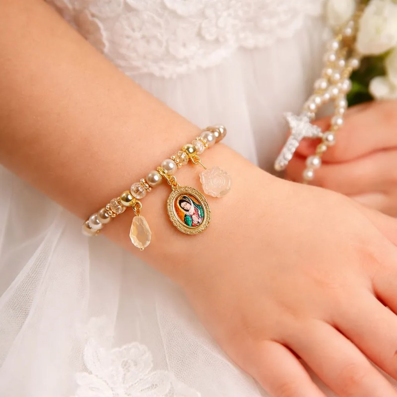 12 Pulseras Beige Recuerdo Bautizo Comunion Virgen Guadalupe
