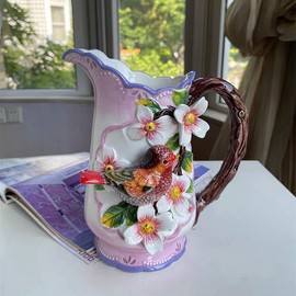 Minigift Ceramic Pitcher with Handle, 3D Hand-Painted Red Bird and Pink Hibiscus Flower Home Décor Vase- 8.4Inchs H