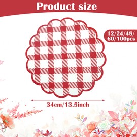 60Pcs Red Checkered Paper Placemats 13.5 Inch Scalloped Round Disposable Gingham Place Mats, Waterproof Decorative Table Mats for Baby Shower Outdoor Picnic BBQ Birthday Tea Party