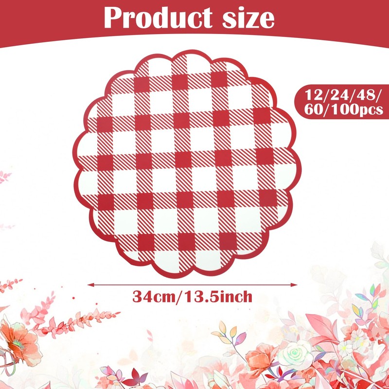 60Pcs Red Checkered Paper Placemats 13.5 Inch Scalloped Round Disposable