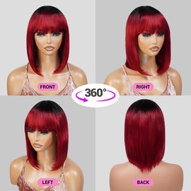 INSTANT FAB Medium Bob Wigs Human Hair with China Bangs for Black Women Straight Bob with Bangs Human Hair Non Lace Front Wigs – Spinel (12 inch (1Pack), OT1B/BURG (Ombre tipped offblack burgundy))