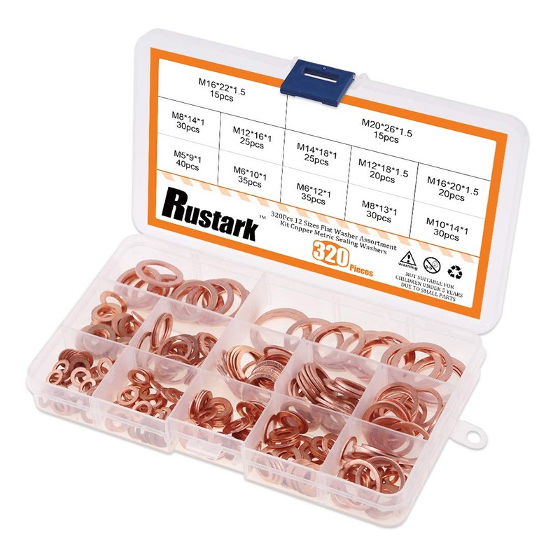 Rustark 320 Pcs Copper Flat Washers Assortment Kit Metric Sealing