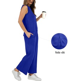 XIEERDUO Women's Two Piece Summer Outfits 2 Pc Spring Sets Sleeveless Wide Leg Crewneck Tracksuit Lounge Sweatsuit Basic Loungewear Vacation Clothes Blue XXL