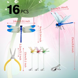 CAMATET 16 Pcs Dragonfly Clip, 3D Plastic Fake Dragonfly Garden Stakes for Yard, Patio Outdoor Decor & Indoor Plants Ornaments, Dragon Fly Hat Clip (4 Colors)