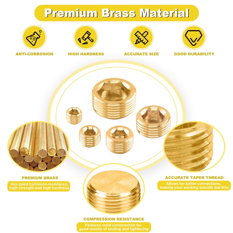 Mardatt 6Pcs 3/4" Brass NPT Plug, Internal Hex Counter Sunk