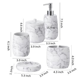 Motifeur Bathroom Accessories Set, 5-Piece Ceramic Bath Accessory Complete Set with Lotion Dispenser/Soap Pump, Cotton Jar, Soap Dish, Tumbler and Toothbrush Holder (Marble Look)