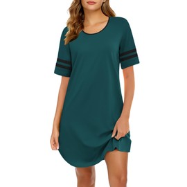 Ekouaer Womens Nightgowns Short Sleeve Sleepshirt Cotton Sleepwear Casual Pullover Sleep Dress Loungewear Blue Green, S