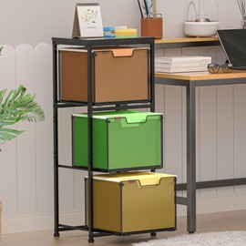 File Cabinet 3 Drawers, Hanging Letter File Holder with Metal Frame & Wood Board, Letter Size Filing Holder with Adjustable Feet for Home Office, Solide Metal Drawers for Documents