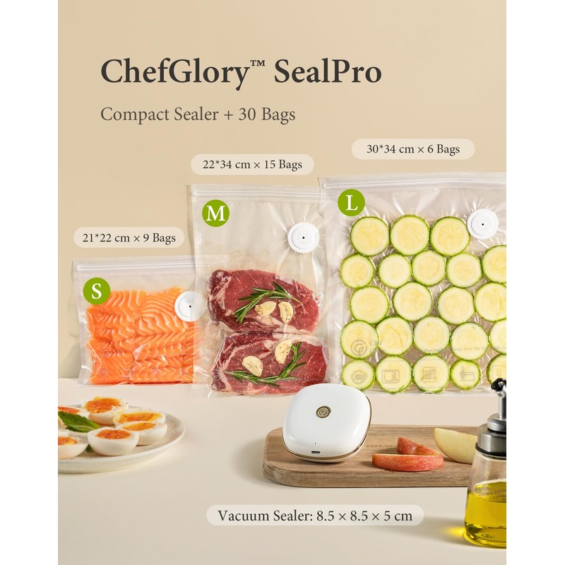 ChefGlory SealPro Compact Food Vacuum Sealer, 30 Bags Included (White)