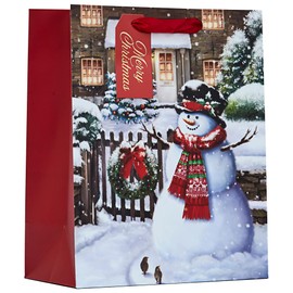 Partisan Products Traditional Snowman Merry Christmas Gift Bag with Red Handle and Merry Christmas Gift Tag Xmas Gift Wrap Large