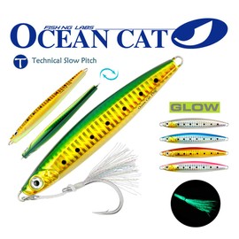 OCEAN CAT Slow Fall Pitch Lead Metal Flat Fishing Jigs Spoons Lures Sinking Vertical Jigging Bait with Assisted Hooks for Saltwater Fishing (Green&Gold, 220g)