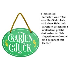 Gartenglück Sign - Metal Sign with Cord and Suction Cup - Retro Decorative Hanging Sign - Decoration for Balcony Patio Garden Allotment - Gift for Hobby Gardeners - 18 cm x 12 cm