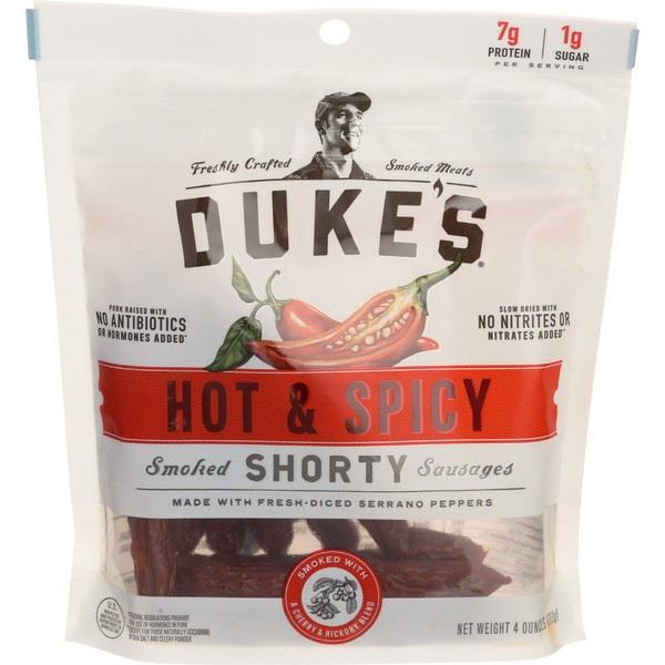 Dukes, Jerky Sausages Shorty Smoked Hot And Spicy, 4 Ounce