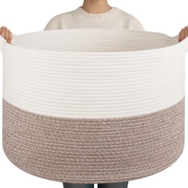 OIAHOMY 90L XXXLarge Blanket Basket for Living Room, 21.7" x 13.8" Woven Cotton Rope Laundry Basket for Organizing Pillows, Decorative Stuffed Animal Toy Storage for Nursery, White and Linen Brown