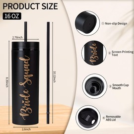 6 Pack Bride to Be Skinny Tumbler | 16 oz Bride & Bride Squad Tumblers | Bachelorette Party Cups | Engagement Wedding Gifts Bridesmaids Mugs Bachelorette Party Supplies & Games(Black)