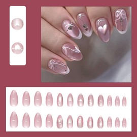 Cat's Eye Press on Nails Almond Medium Fake Nails French Tip Glue on Nails Press ons Cute False Nails with Heart Bow Design Artificial Acrylic Nail Kit Glossy Stick on Nail for Women Manicure 24Pcs