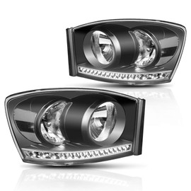 PM PERFORMOTOR 2Pcs LED DRL Strip Headlights Assembly Compatible with 06-09 Dodge Ram | Headlamps with Black Housing Clear Lens