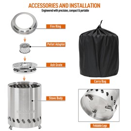 COOZOOM Portable Table Top Fire Pit with Stand, 5.5" Stainless Steel Mini Outdoor Low Smoke Burning Tabletop Firepit Fueled by Pellets or Wood, for Outside Camping