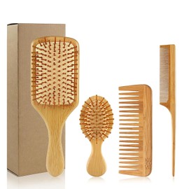 Juego de 4 Cepillos y Peines de Bambú para Cabello – Cepillo de Madera Natural con Cerdas Ecológicas, Ideal para Cabello Grueso/Fino/Rizado/Seco – Regalo Perfecto para Hombres y Mujeres
