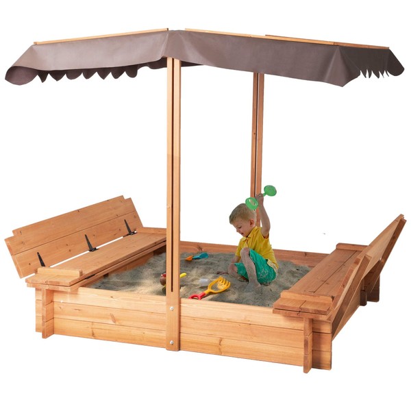 BIRASIL Wood Sandbox with Cover, Sand Box with 2 Bench Seats for Aged 3-8 Years Old, Sand Boxes for Backyard Garden, Sand Pit for Beach Patio Outdoor (Natural Wood, 48 Inch)