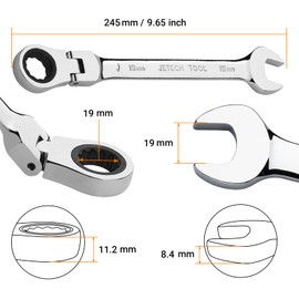 Jetech 19mm Flexible Head Gear Wrench, Industrial Grade Flex Ratcheting Spanner, Cr-V Alloy Steel, 12 Point Flex-Head Ratchet Combination Wrench, Metric