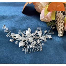 Resweky Bridal Wedding Flower Hair Comb Leaf Bridal Hair Pieces Sparkly Rhinestone Beads Hair Side Comb Bridal Hair Accessories for Women and Girls (Silver)