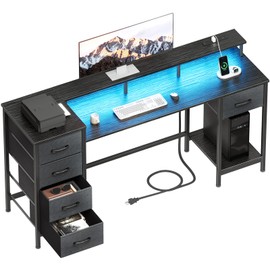 Korfile 55 Inch Computer Gaming Desk with Power Outlets LED Lights Reversible Home Office with Adjustable Fabric Storage Drawers for Working Writing Study, Black