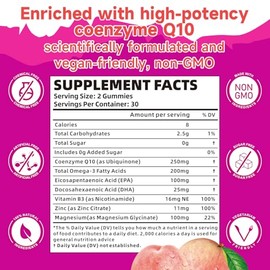 Sugar-Free CoQ10 Gummies 250mg, Plus Omega-3, Vitamin B3 & Zinc, Magnesium - High Absorption Coenzyme Q10 Supplements for Heart Health, Cellular Energ